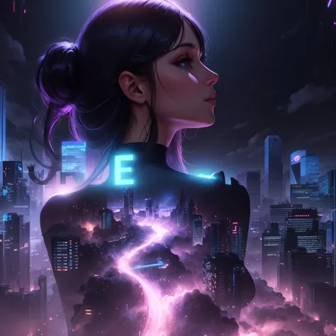 Close up portrait of a person holding a mobile phone in his hand, human future city, Shes attracting lightning, wonderful, The image is futuristic, matte painting of human mind, Humanoid woman, Electric Woman, In a futuristic city, Beautiful holographic wo...