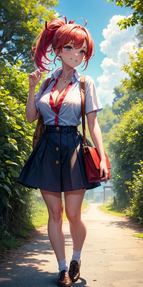 1girl, full body, summer, village, trees, sun, clouds, ((colorful hair)), ponytail, large breasts, button down, blue eyes, ((red, white and green shirt)), ((unbuttoned shirt)), unbuttoning buttons, ((short sleeved shirt)), black mini skirt, brown shoes, gr...