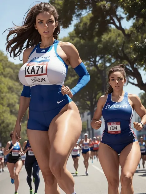 A extremely tall European woman with blue eye s and brown hair and huge, massive breast and athletic muscular body and large booty and massive thighs  in running outfit that enlarge her curves participating in a marathon ,exceeding everyone in height,other...