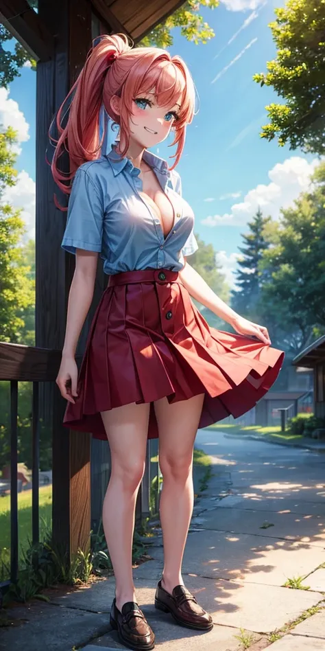 1girl, full body, summer, village, trees, sun, clouds, ((colorful hair)), ponytail, large breasts, button down, blue eyes, ((red, white and green shirt)), ((unbuttoned shirt)), unbuttoning buttons, ((short sleeved shirt)), black mini skirt, brown shoes, gr...