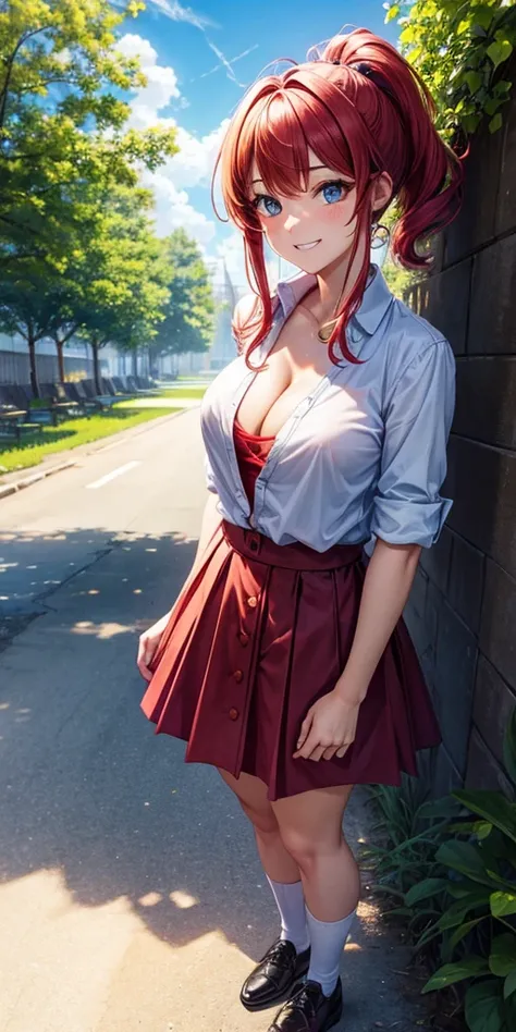 1girl, full body, summer, village, trees, sun, clouds, ((colorful hair)), ponytail, large breasts, button down, blue eyes, ((red, white and green shirt)), ((unbuttoned shirt)), unbuttoning buttons, ((short sleeved shirt)), black mini skirt, brown shoes, gr...