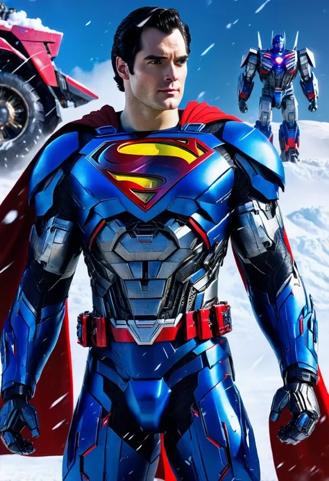 a close up of a superman standing in front of a snow, transformers cinematic universe, wojtek fus, hq 4k wallpaper, transformers : the last knight, in the movie transformers, thertrevkaiser, Henry Cavill as superman, artstation masterpiece, super robot, su...