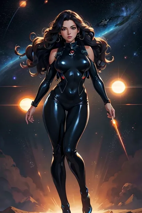 best quality, masterpiece, woman space super hero, full body,hi-tech vest over black latex suit, long curly hair, floating in deep space, with several planets and suns in the background