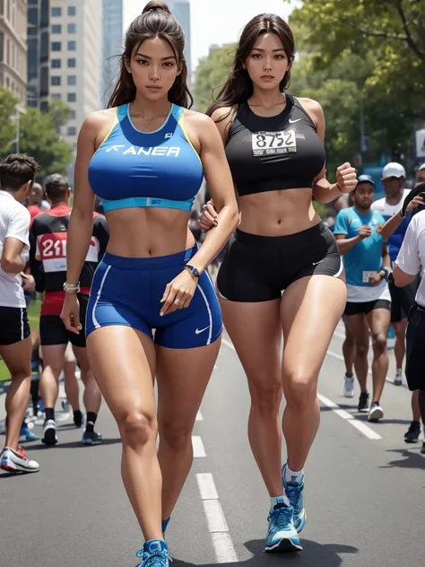 A extremely tall European woman with blue eye s and brown hair and huge, massive breast and athletic muscular body and large booty and massive thighs  in running shorts and a black crop top that enlarge her curves participating in a marathon ,exceeding eve...