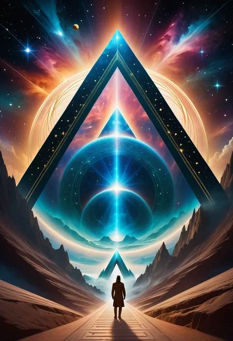 giant triangle cybernetics，magnificent cosmic starry sky background，intricate illustration in surreal art style，surreal dream，du...