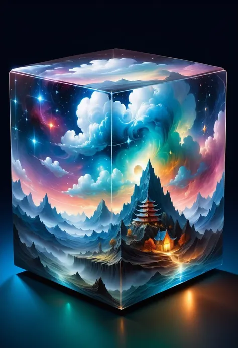 bosch style, translucent cube captures eerie clouds, the starscape warps, time warp, surrealism prevails, star, luminescent, gli...