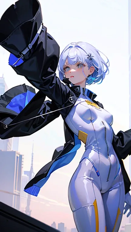 Beautiful white female tomboy piloting giant white luxurious advanced mech-suit taller than skyscrapers, dossel aberto, tight shiny black latex outfit, pixie-corte, rosto de enquadramento de cabelo, franjas longas, suado, early in the morning, Poor lightin...