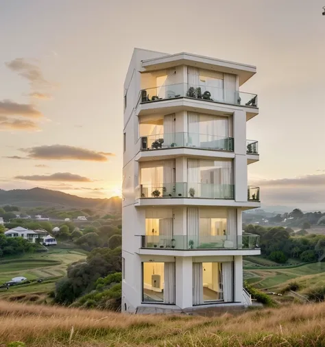 in the morning, sunrise, contemporary house exterior, beige and white mix together, glass door and window, large span balcony, on grassland, hillside, tropical landscape, masterpiece, high quality, ultra hd,