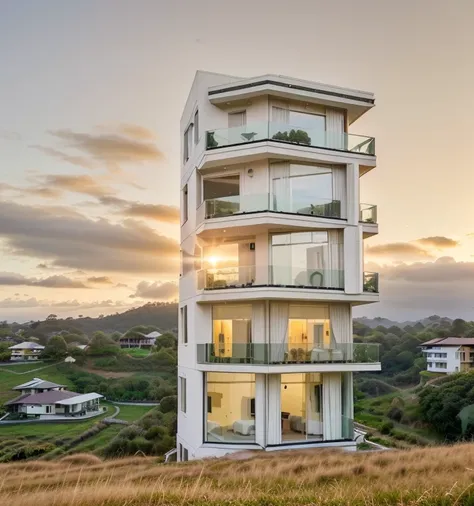 in the morning, sunrise, contemporary house exterior, beige and white mix together, glass door and window, large span balcony, on grassland, hillside, tropical landscape, masterpiece, high quality, ultra hd,