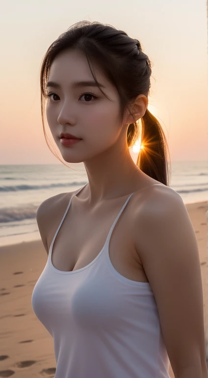 1 Realistic Pictures of Cute Korean Stars, Short ponytail, White skin, Thin makeup, 32 inch breast size, Wearing a camisole tank top, Walk by the beach, Sunset light, Upper body portrait, nffsw