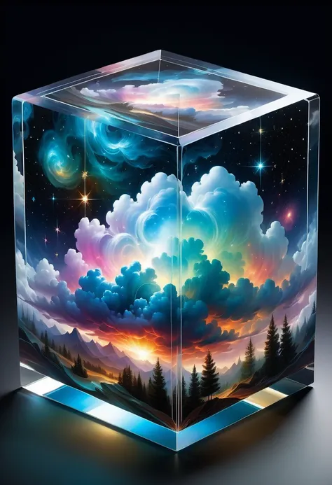 bosch style, translucent cube captures eerie clouds, the starscape warps, time warp, surrealism prevails, star, luminescent, gli...