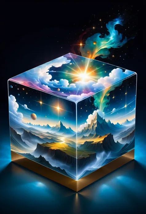 Bosch style, Translucent cube captures eerie clouds, the Starscape warps, Time warp, Surrealism prevails, Star, luminescent, Glittering