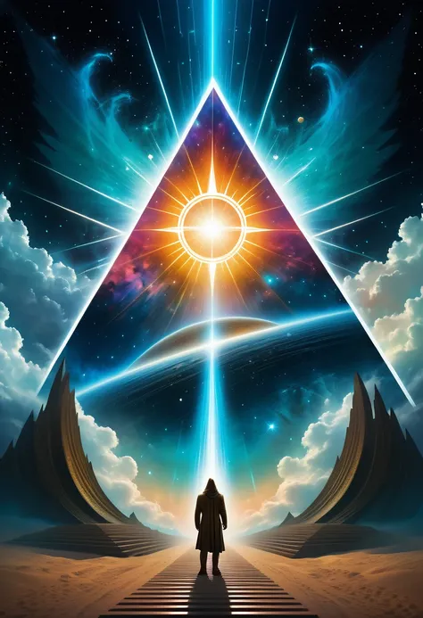 Giant triangle cybernetics，Magnificent cosmic starry sky background，Intricate illustration in surreal art style，surreal dream，Dubrec style，Transparent geometric shape close-up，（multiple exposure：1.8），A man standing at the entrance，Alphad&#39;s image with a...