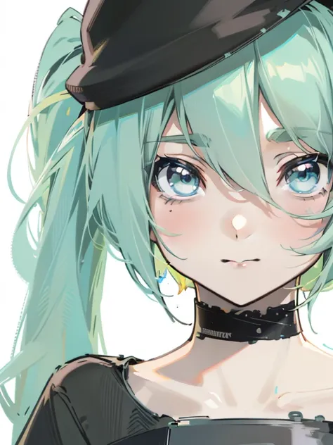 wear a hat、There is a painting of a woman with green hair., hatsune miku portrait, Hatsune Miku portrait, Created at Anime Artist Studio, Drawn at Anime Painter Studio, 2D anime style, anime style portrait, mikudayo, anime girl portrait, anime portrait, fl...