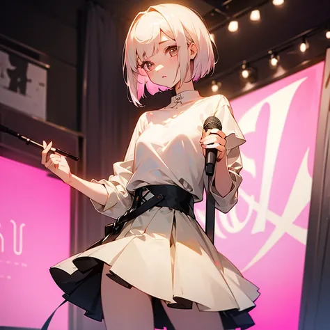 beautiful girl、Slender and delicate、small breasts、cool girl、live house、Live Scene、band vocalist、high layer cut、short bob、Cream-colored hair with a slight pink tint、Casual and boyish fashion、Oversized Fashion、