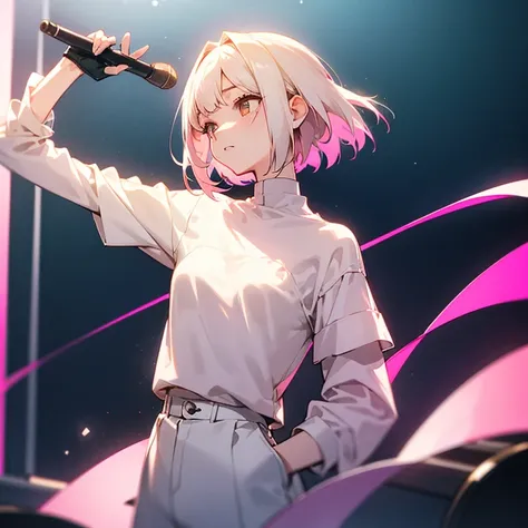 beautiful girl、Slender and delicate、small breasts、cool girl、live house、Live Scene、band vocalist、high layer cut、short bob、Cream-colored hair with a slight pink tint、Casual and boyish fashion、Oversized Fashion、