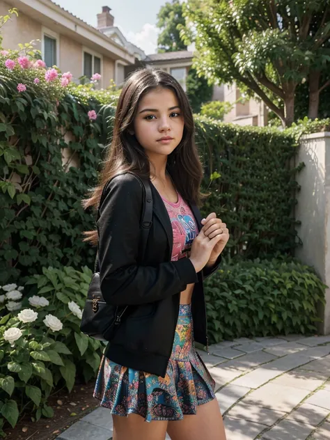 Young 15 year old Selena Gomez takes photos in , taken with Canon EOS R 6 camera, background Entrance to a modern rich house, flowers, garden. The girl wears a , a black jacket and a long green skirt, all reminiscent of scenes from the series "Wizards of W...