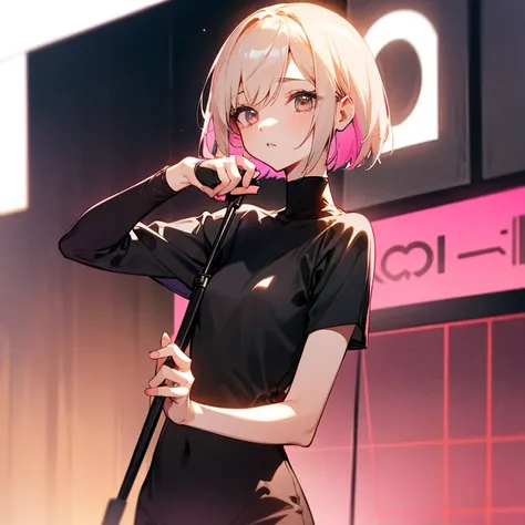 beautiful girl、Lively look、Slender and delicate、small breasts、cool girl、live house、Live Scene、band vocalist、high layer cut、rock band、short bob、Cream-colored hair with a slight pink tint、Casual and boyish fashion、Oversized Fashion、