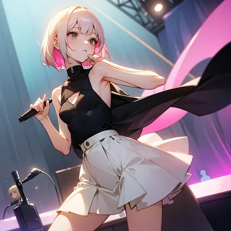 beautiful girl、Lively look、Slender and delicate、small breasts、cool girl、live house、Live Scene、band vocalist、high layer cut、rock band、short bob、Cream-colored hair with a slight pink tint、Casual and boyish fashion、Oversized Fashion、