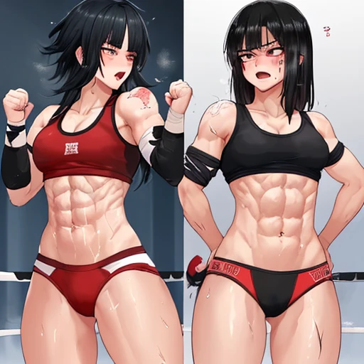 A deadly battle between two beautiful high school girl wrestlers。Exchanging Skills。Rivals。black hair。desperate look。sweaty。Full of scars。Shortness of breath with open mouth。Outstanding proportions。trained abdominal muscles。