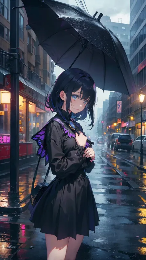 1 Anime Girls, alone,Black petals flutter, A mysteriously shining butterfly.city,vivid hair,Vivid gemstone eyes,thin legs,Gloomy cloudy sky,sad expression,very clear,highest quality,rainy city,have an umbrella,standing on the street corner,Are crying,tears