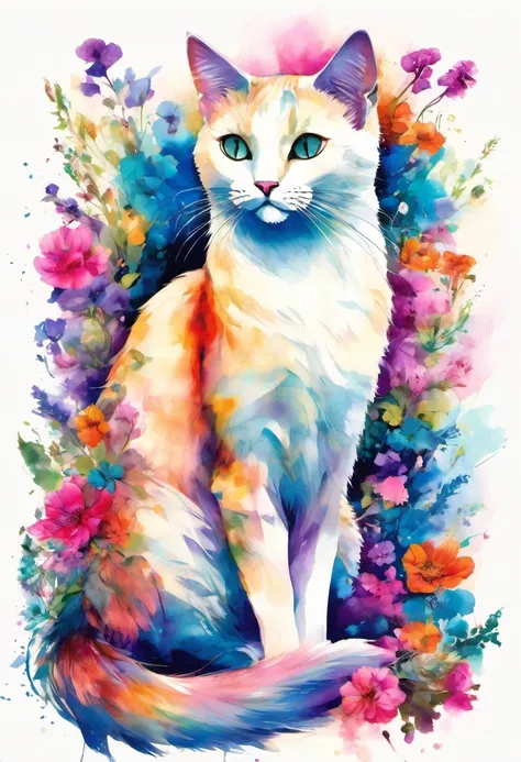 A breathtaking watercolor and pencil illustration depicts a whimsical feline creature, masterfully crafted from an array of vibrant flowers., topiary style. The serene cat, with its intricate form, sits gracefully amidst a pristine white background, creati...