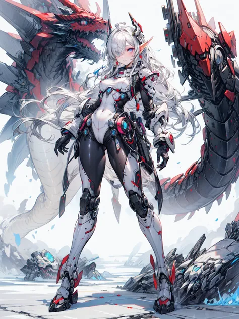 dragon ears, At night,Huge and complex technical background,(masterpiece),(get used to it),(intricate details),(realistic, photo-realistic:1.1),i1 Girl,alone,(full body:1.0),blue fire,device,giant robot,mechanical,Damage Armor,glove,mechanicalry suit,(mech...