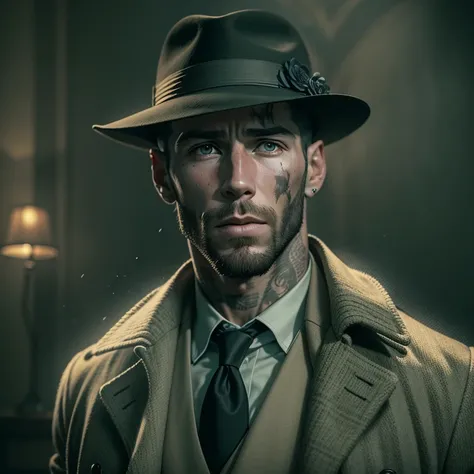 Uma imagem de Sergio Ramos, o astro do futebol, Taking on the role of a gentle detective in a gritty noir setting. Dressed in a classic overcoat and fedora hat, ele investiga uma misteriosa cena de crime, bringing his charisma and determination to solve th...