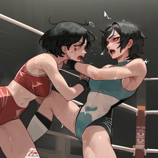 A match between two beautiful female wrestlers。Harite。Rivals。black hair。desperate look。sweaty。Full of scars。Shortness of breath with open mouth。Outstanding proportions。