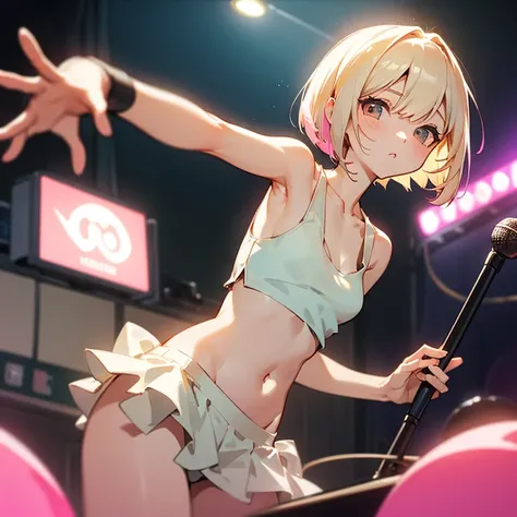 beautiful girl、Lively look、Slender and delicate、small breasts、cool girl、live house、Live Scene、Rock band vocalist、high layer cut、short bob、Cream-colored hair with a slight pink tint、It&#39;s a bellybutton、Tank top、cropped top、