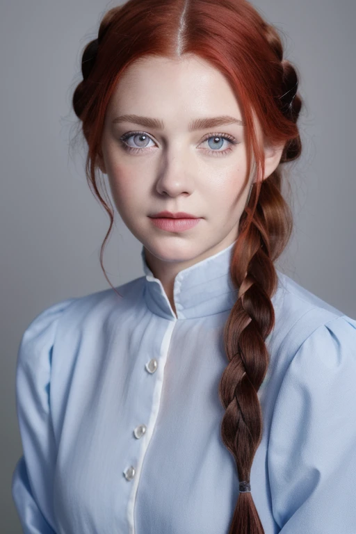 Realistic portrait of a  with red hair gathered in braids with white ribbons , straight nose, soft facial features , a lot of moles on the body , blue-gray eyes , Closed dress in dark blue with long sleeves, cross on my neck 