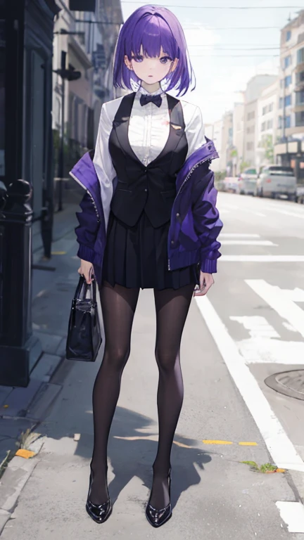 woman,suit,His jacket is open, exposing his vest,Harness,skirt,Heel,purple hair,whole body,full body,full body,upright,arm to the side,