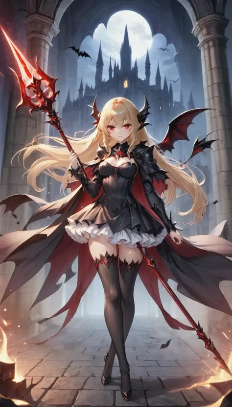 1girl, solo, blonde-hair, red-eyes, pointy-ears, looking-at-viewer, long-hair, pantyhose, vampire, holding, dress, two-side-up, black-pantyhose, hair-ornament, holding-weapon, weapon, black-dress, cape, bat-hair-ornament, standing, long-sleeves, blush, thi...