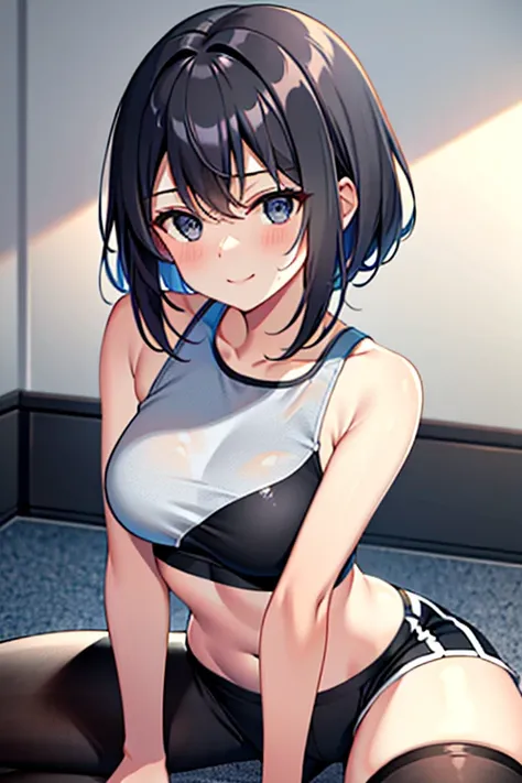 masterpiece, highest quality, High resolution, blush, refreshing smile, Sweat, 腋Sweat, A girl wearing a Calvin Klein bra and shorts, dark gray hair, black eye, Sports cut hair, whole body, sexy pose, 