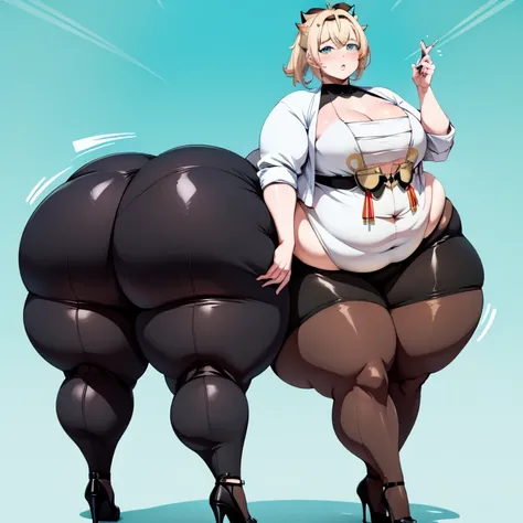 bottom-heavy figure, ((((incredibly big booty)))), ((((big ass)))), (((small chest))), plump, incredibly plump, (big belly), pout, embarassed, wide, (((obese))), (((fat))), ((love handles)), (((flat chest))), double chin, out of shape, obese, fatty, tall w...