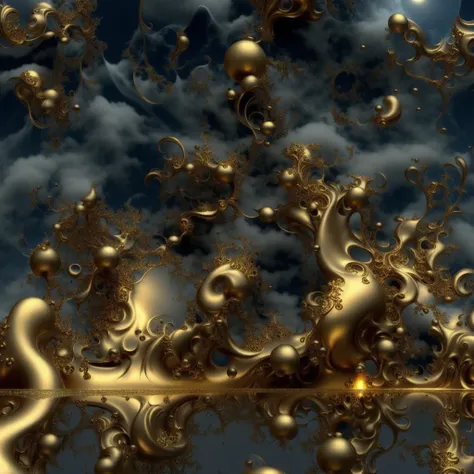 there is a very large golden sculpture with many decorations., golden fractal details, Golden organic structures, liquid golden and black fluid, mandel light bulb 3d fractal, 3d mandelbulb fractal, Liquid clouds, liquid gold, 1 6 6 7. mandel light bulb 3 d...