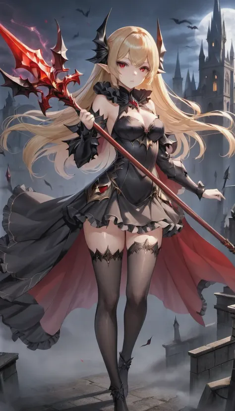 1girl, solo, blonde-hair, red-eyes, pointy-ears, looking-at-viewer, long-hair, pantyhose, vampire, holding, dress, two-side-up, black-pantyhose, hair-ornament, holding-weapon, weapon, black-dress, cape, bat-hair-ornament, standing, long-sleeves, blush, thi...