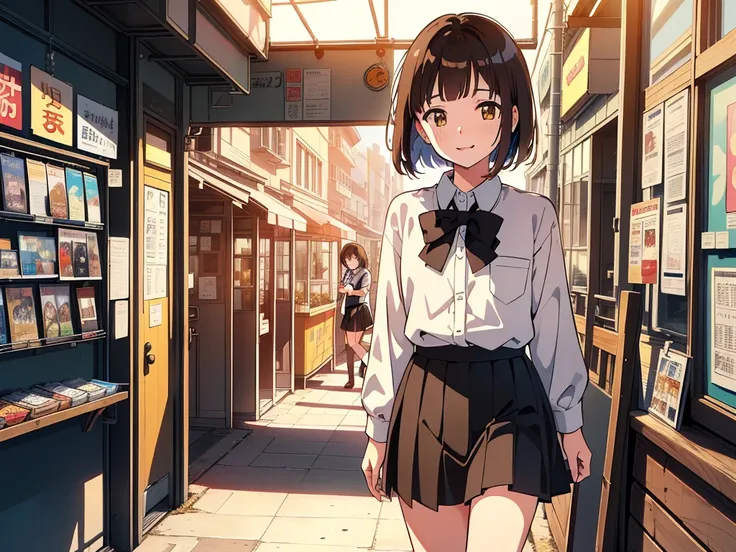 ((((Happy face)))),(((Long shot, taken from the front, 1 girl, white , black skirt, short bob, brown hair, golden eyes, 14 years old, short height, city girl))), ((On the way home from school)), ((Uniform)), (Masterpiece), (High resolution), (Top quality),...