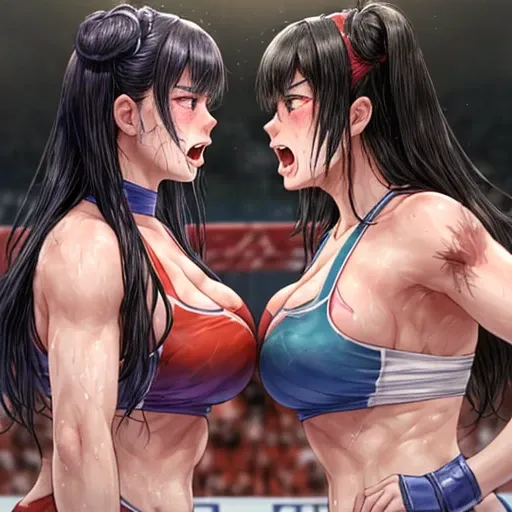 A match between two beautiful heavyweight female wrestlers。choking。Rivals。black hair。desperate look。sweaty。Full of scars。Shortness of breath with open mouth。Outstanding proportions。