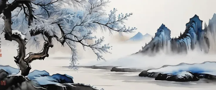 (Ink painting and watercolor painting:1.5), (landscape painting:1.5), (Tasteful:1.5), (rock:1.5)，(Tree:1.5), (Ink painting and watercolor painting:1.5), (Chinese style:1.5), (Rime ice:1.5), (Rime ice:1.5), (ice crystals:1.5), (Rime ice covered the Trees:1....