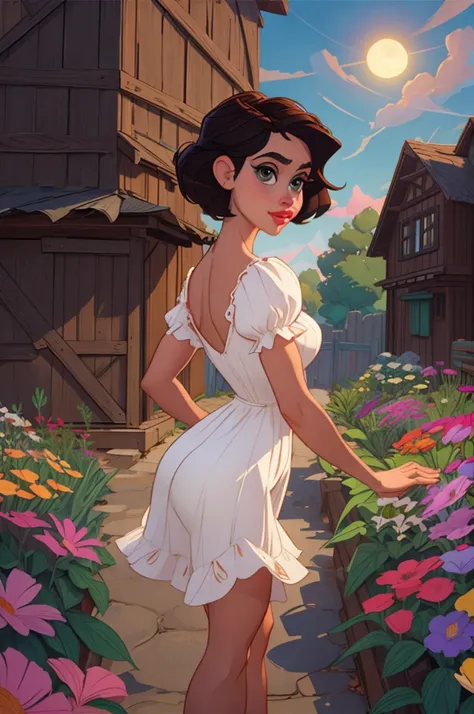 Adorable, Woman,big-eyed woman, round face. promenent lips. Smileing,In the garden,Her hands are behind her...., , large ass, wearing a cute sun dress. Picture from the side,looking at the scenes, intense colors, Very valuable details, complex details, vol...