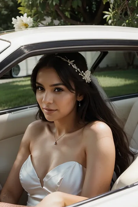  create a good photo , beautiful bride in a convertible,with developing hair,sunny weather