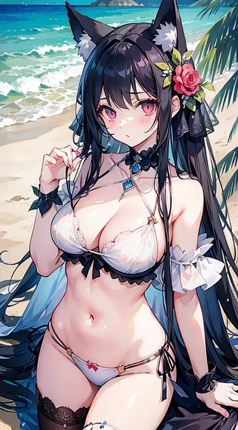 high quality, masterpiece, super detailed, 1 girl, extremely detailed faces,long black hair，Wedding dress，Holding flowers in hands，Broken white bikini，handcuffs，collar，charming pink eyes, fox ears, Ridiculously big, shiny skin,beach