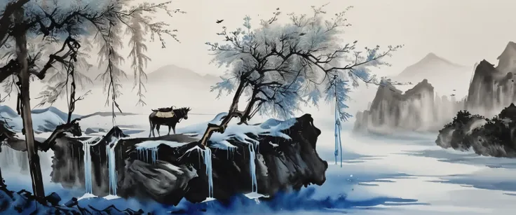 (Ink painting and watercolor painting:1.5), (landscape painting:1.5), (Tasteful:1.5), (rock:1.5)，(Tree:1.5), (Ink painting and watercolor painting:1.5), (Chinese style:1.5), (Rime ice:1.5), (Rime ice:1.5), (ice crystals:1.5), (Rime ice covered the Trees:1....