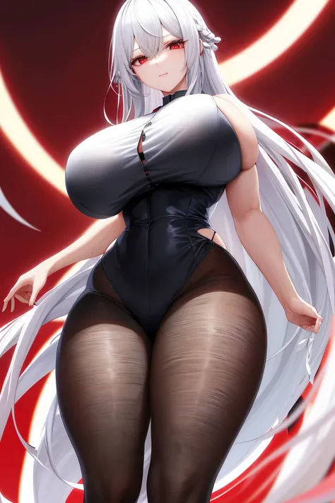 a woman，long white hair，Red eyes，long legs，Extra short slit skirt，Nipple protrusion，black，Jumpsuits，Twenties，只穿着black色比基尼，exposed，black色高跟鞋，huge breasts，超级huge breasts，stand