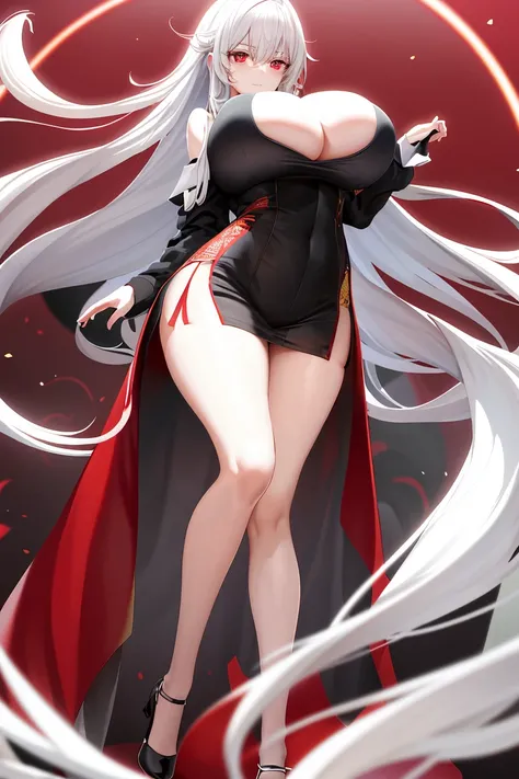 a woman，long white hair，Red eyes，long legs，Extra short slit skirt，Nipple protrusion，black，Jumpsuits，Twenties，只穿着black色比基尼，exposed，black色高跟鞋，huge breasts，超级huge breasts，stand