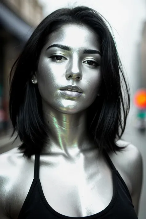 city street, neon, fog, volumetric, closeup portrait photo of beautiful young mexican woman silver living statue, intricate perfectly body head face metallic chrome silver paint, detailed facial head body, lifelike expression, living statue, metallic chrom...