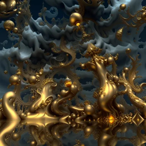 there is a very large golden sculpture with many decorations., golden fractal details, Golden organic structures, liquid golden and black fluid, mandel light bulb 3d fractal, 3d mandelbulb fractal, Liquid clouds, liquid gold, 1 6 6 7. mandel light bulb 3 d...