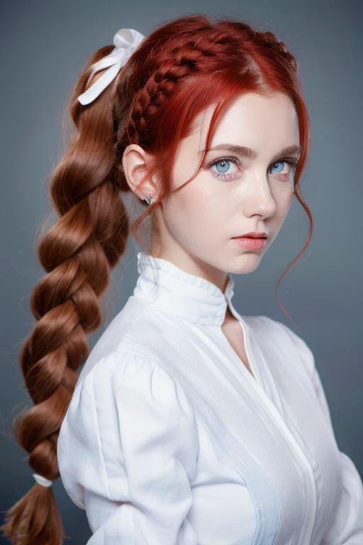 Realistic portrait of a , Red hair, pigtails with white ribbons, gray-blue eyes, moles, strict style, dress with long sleeves and skirt, cross on the neck