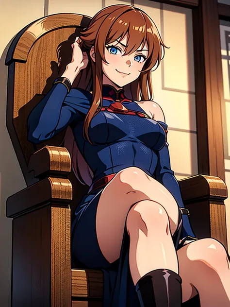 asuka, 1girl, solo, long_hair, breasts, looking_at_viewer, smirk, bangs, blue_eyes, orange_brown_hair, small_breasts, black_dress, indoor, sitting, throne, looking_down, crossed_legs, head_rest